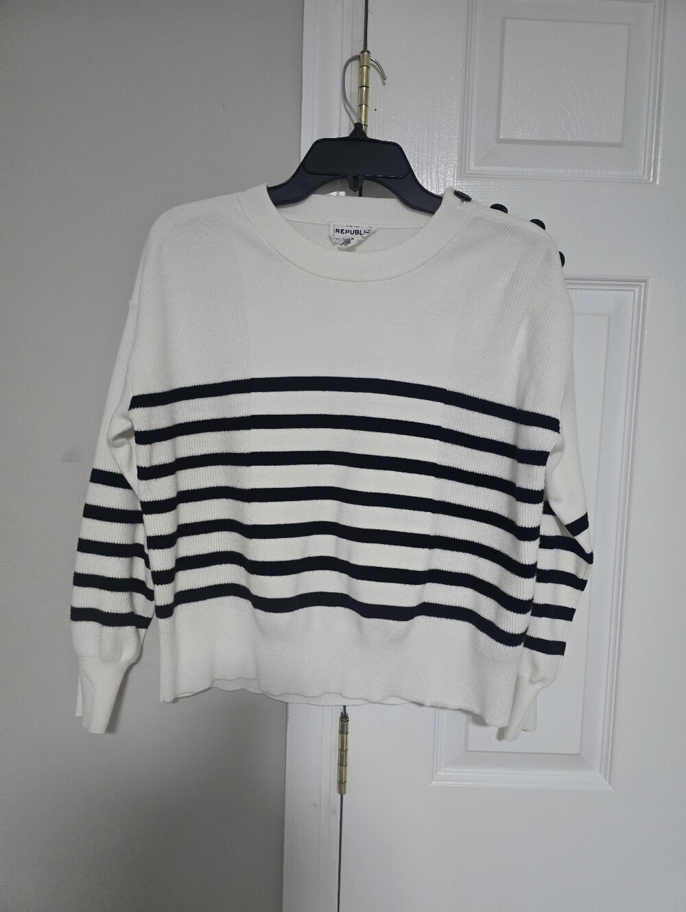 For The Republic Cream and Navy Striped Crewneck Sweater with Shoulder Buttons - Picture 2 of 11